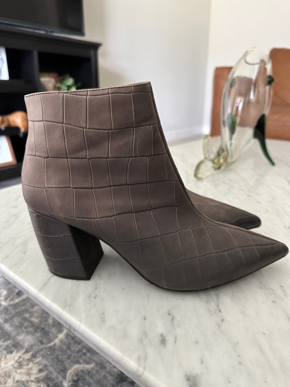 Jeffrey Campbell Brown Croc-Embossed Pointed Ankle Boots